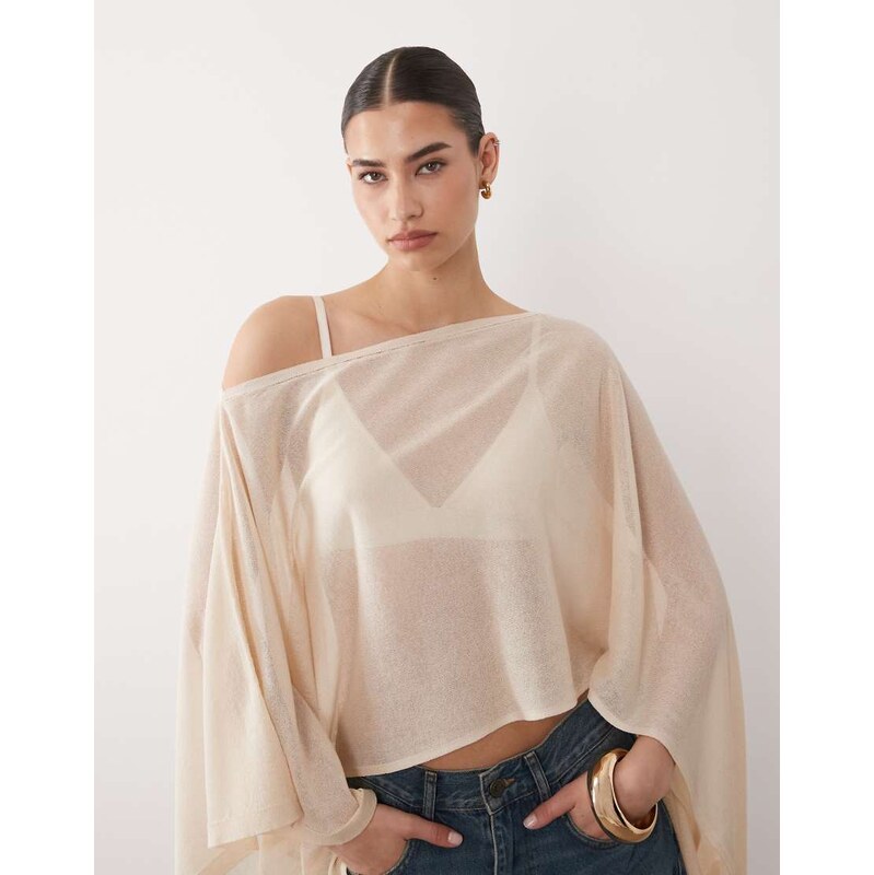 ASOS DESIGN fine knit sheer poncho in ecru-White
