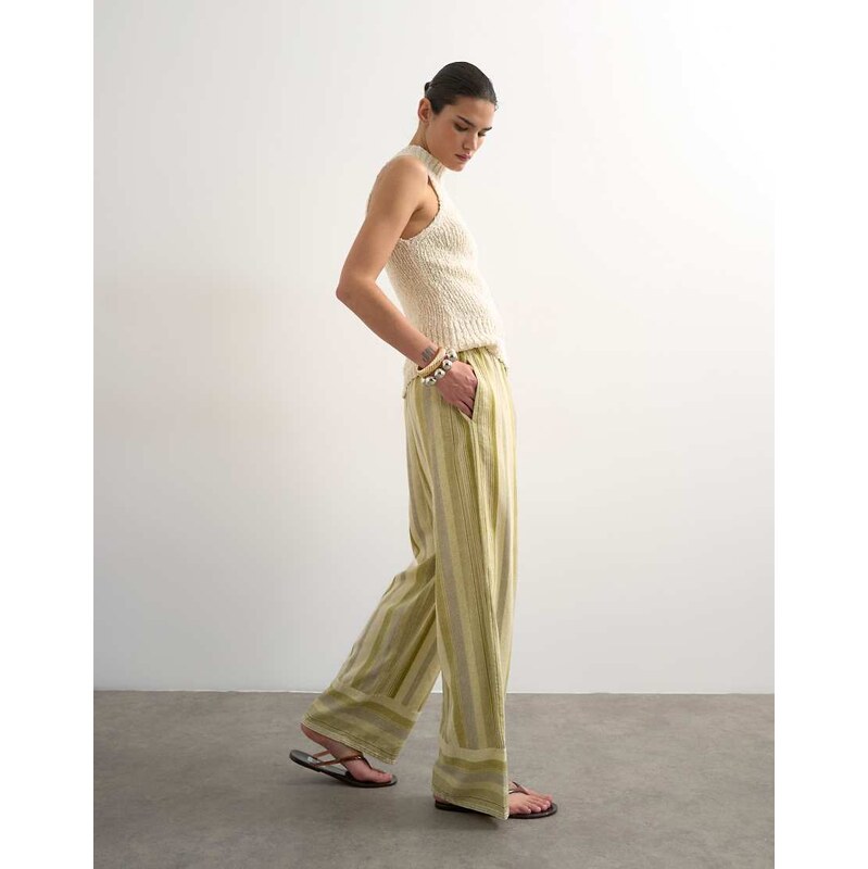 Topshop linen multi stripe straight trouser in green