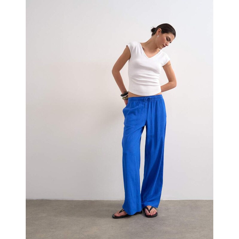 Topshop linen straight leg trouser with deep cuff in cobalt-Blue 114540829