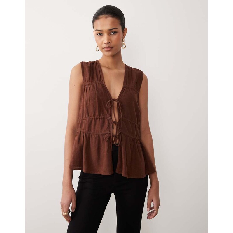 Nobodys Child linen blend ruched tie front top co-ord in