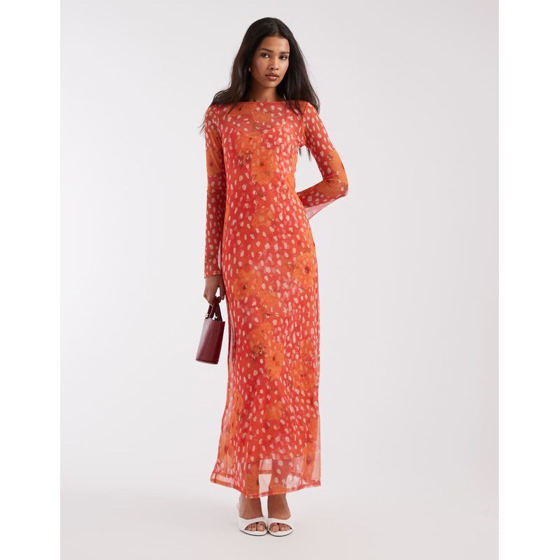 Never Fully Dressed Aria long sleeved mesh maxi dress in coral