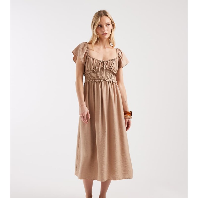 New Look Petite shirred detail midi dress in camel-Neutral