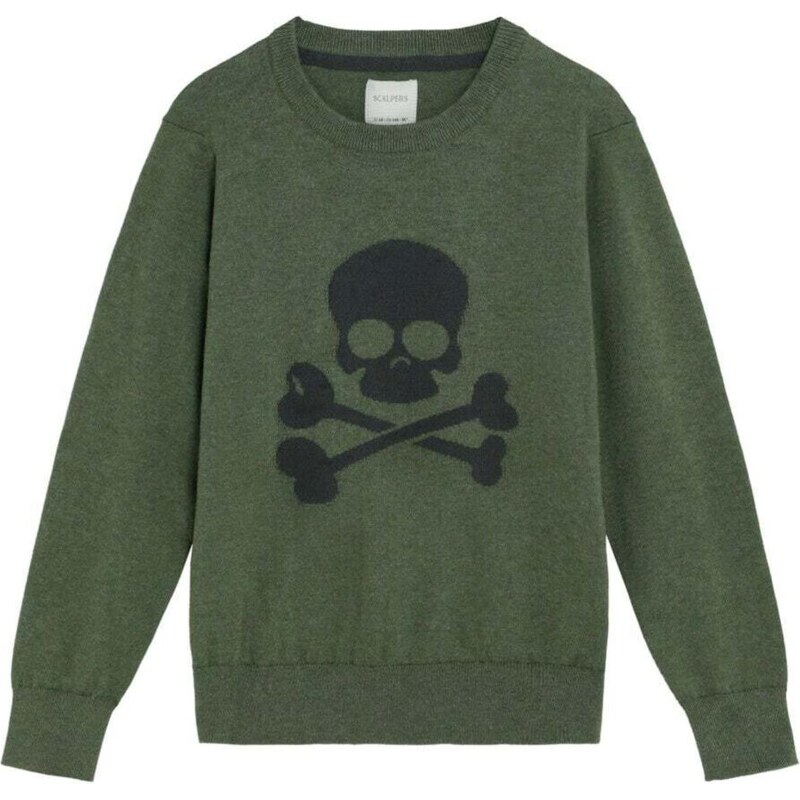Scalpers Svetr Skull Intarsia antracitová / khaki