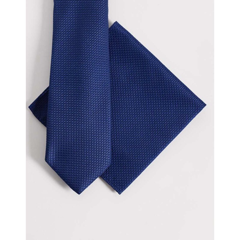 ASOS DESIGN textured tie and pocket square in blue-Navy