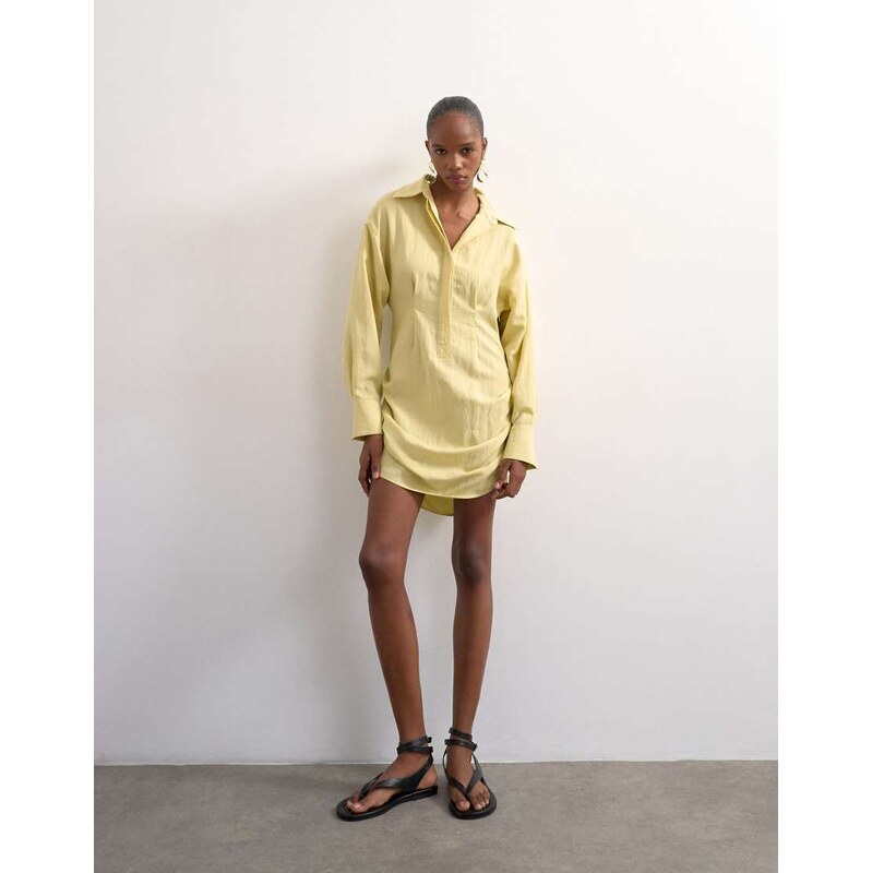Topshop gathered skirt mini shirt dress in yellow