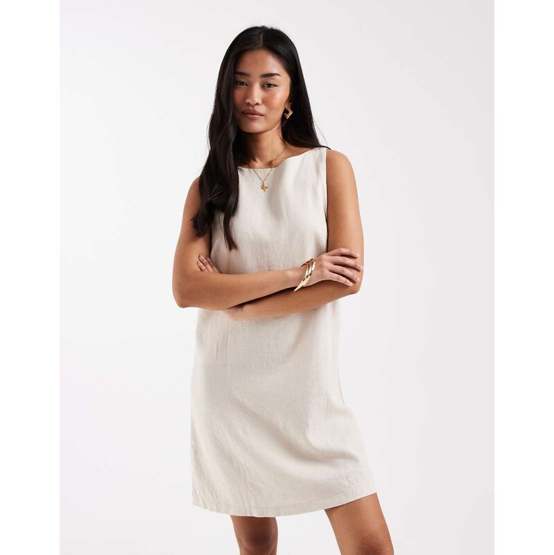 New Look linen tie back mini dress in stone-Neutral