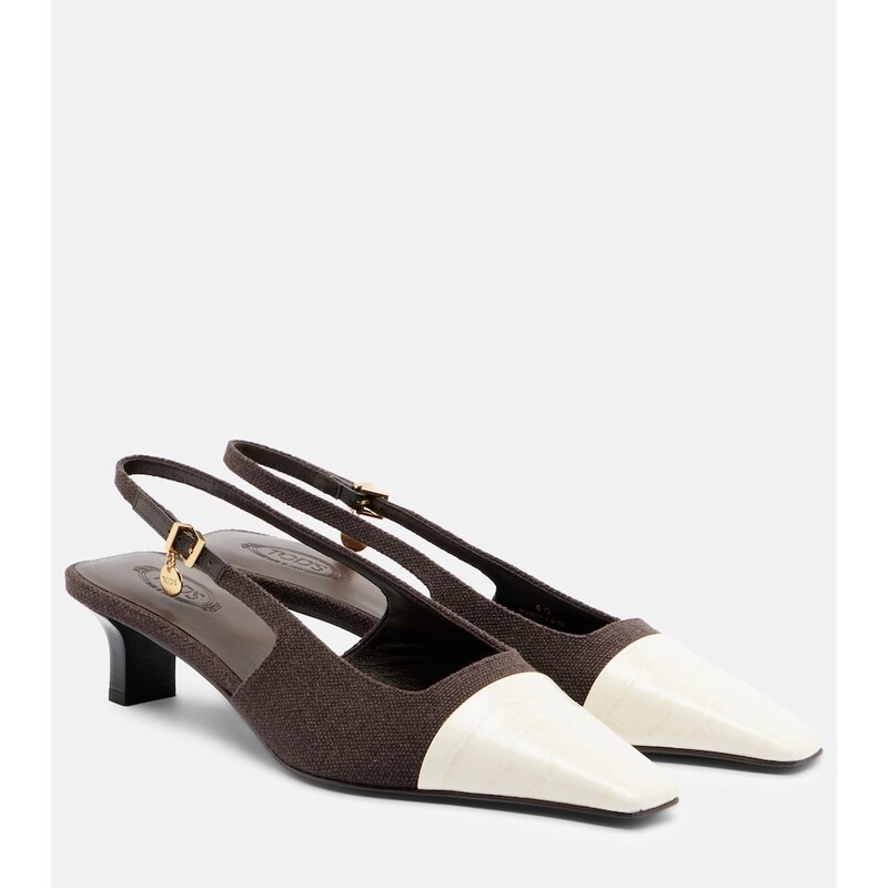 Tods Leather-trimmed canvas slingback pumps