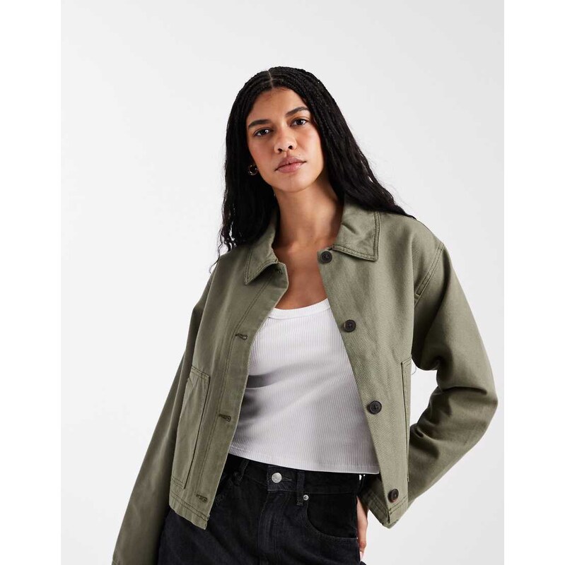 ASOS DESIGN short cotton harrington jacket in khaki-Green