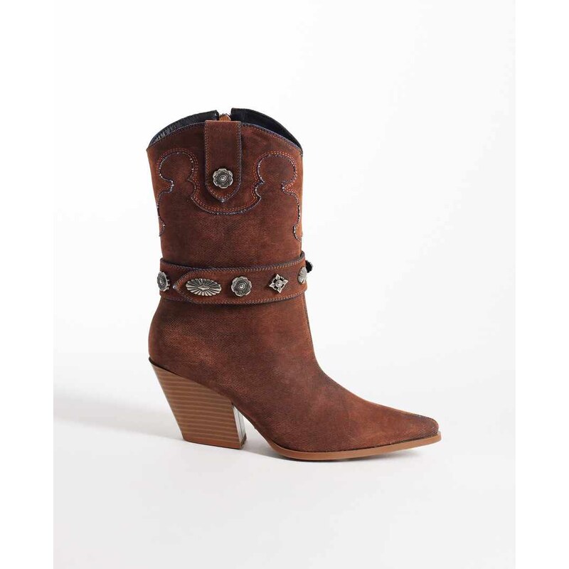 Azalea Wang Neith embellished belt western mid ankle boot in suede 114708716