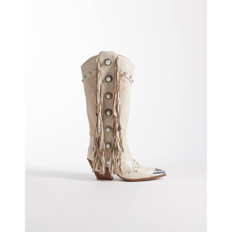 Azalea Wang Pelagius embellished tassel knee boot in cream-White 114703966