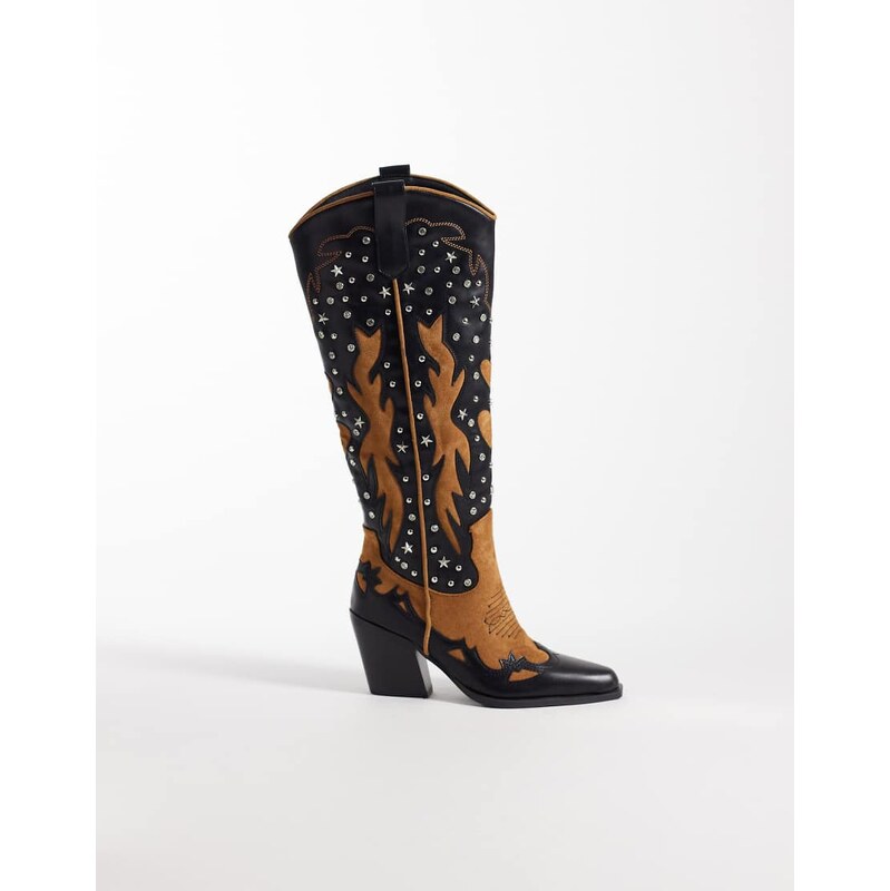Azalea Wang Kalpana embellished western knee boot in black and orange 114703967