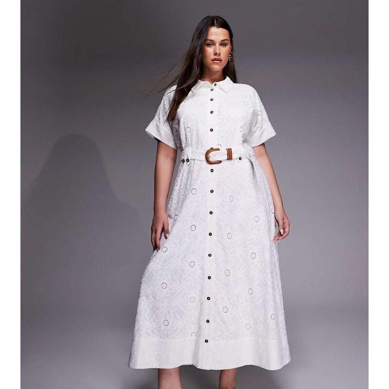 Forever New Curve short sleeve broderie shirt midi dress in white 115007216