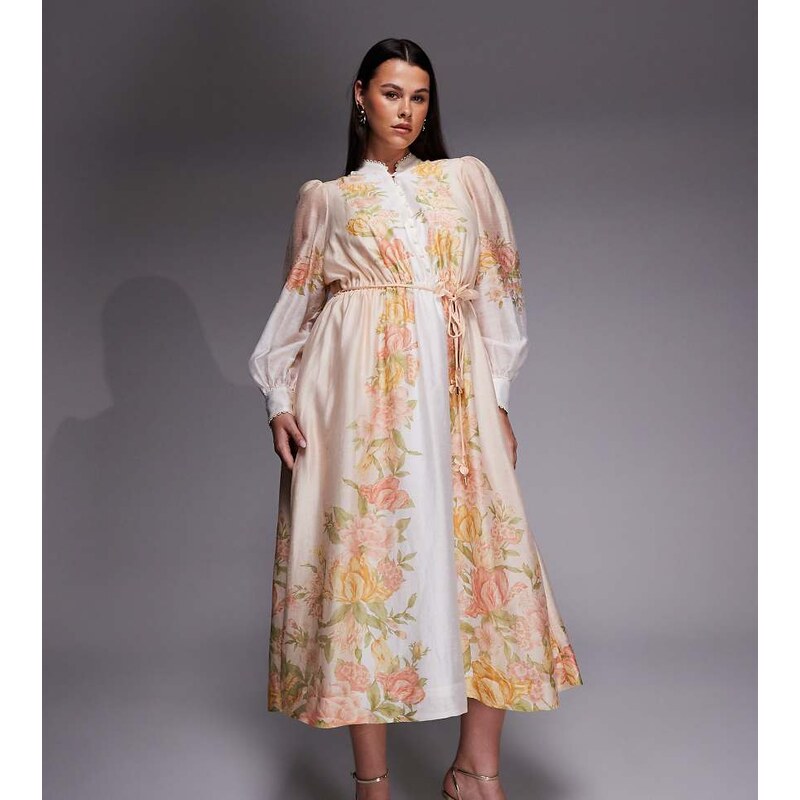 Forever New Curve placement print maxi shirt dress in peach floral 114704072