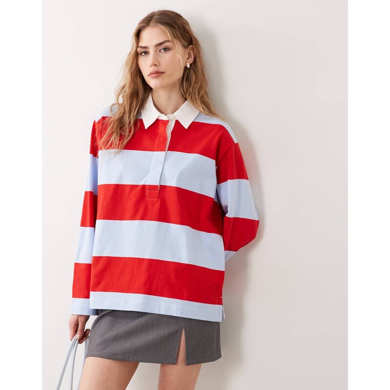 ARKET long sleeve rugby polo shirt in blue & red stripe-Multi 114484896