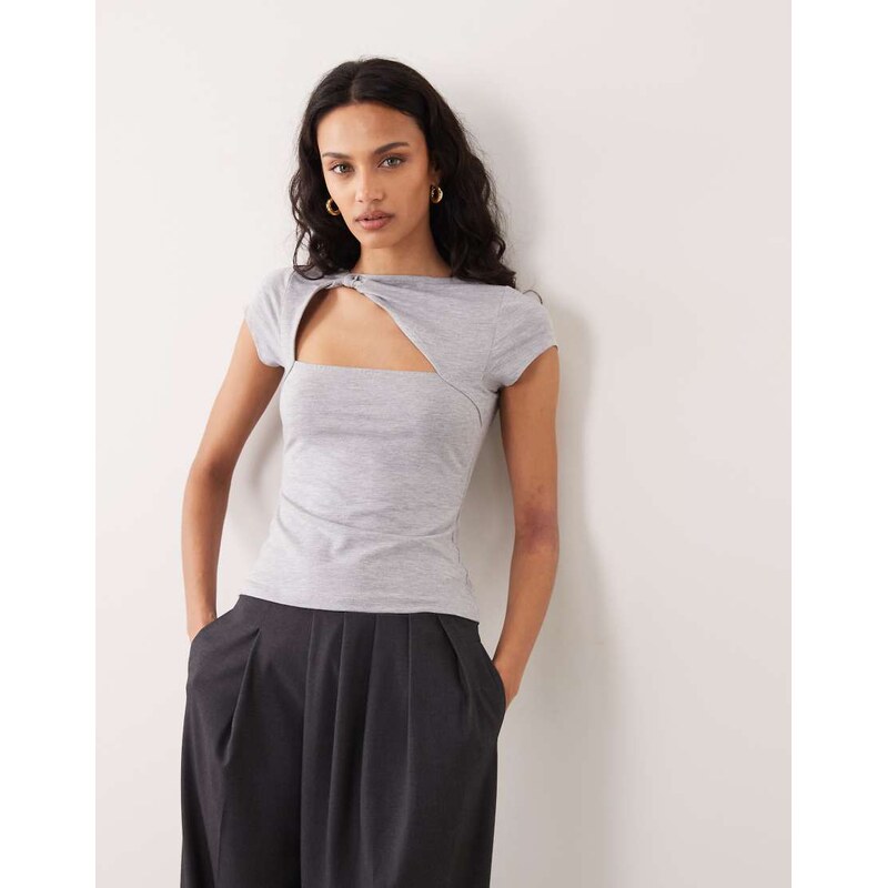 ASOS DESIGN twist asymmetric knit detail cut out top in grey