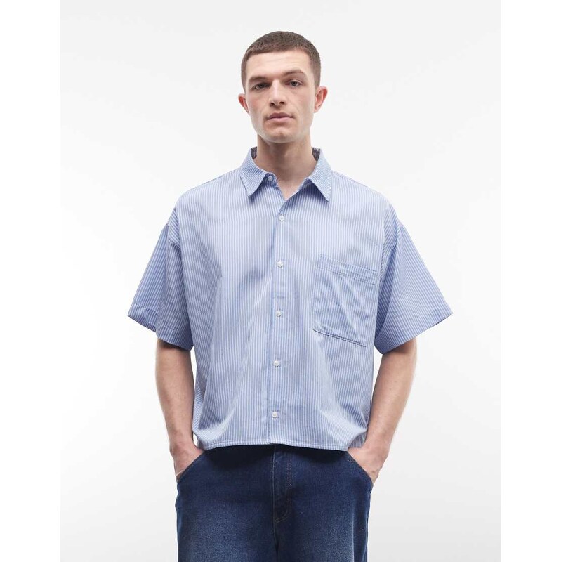 Reclaimed Vintage short sleeve boxy shirt in blue pinstripe