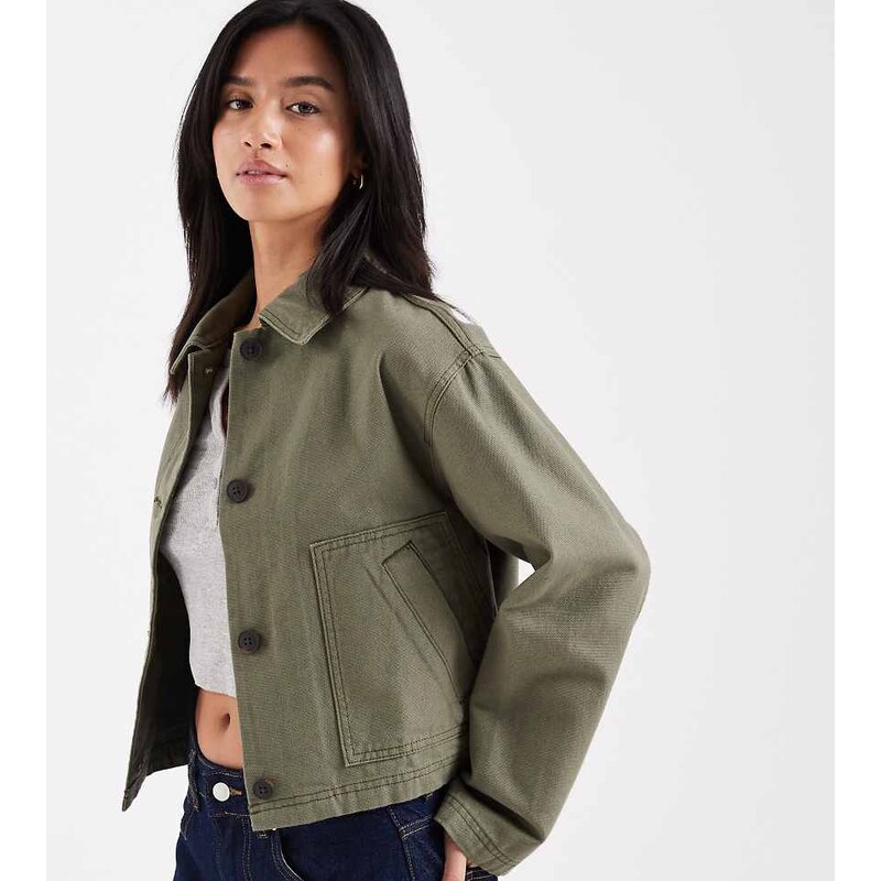 ASOS Petite ASOS DESIGN Petite short cotton harrington jacket in khaki 114569416