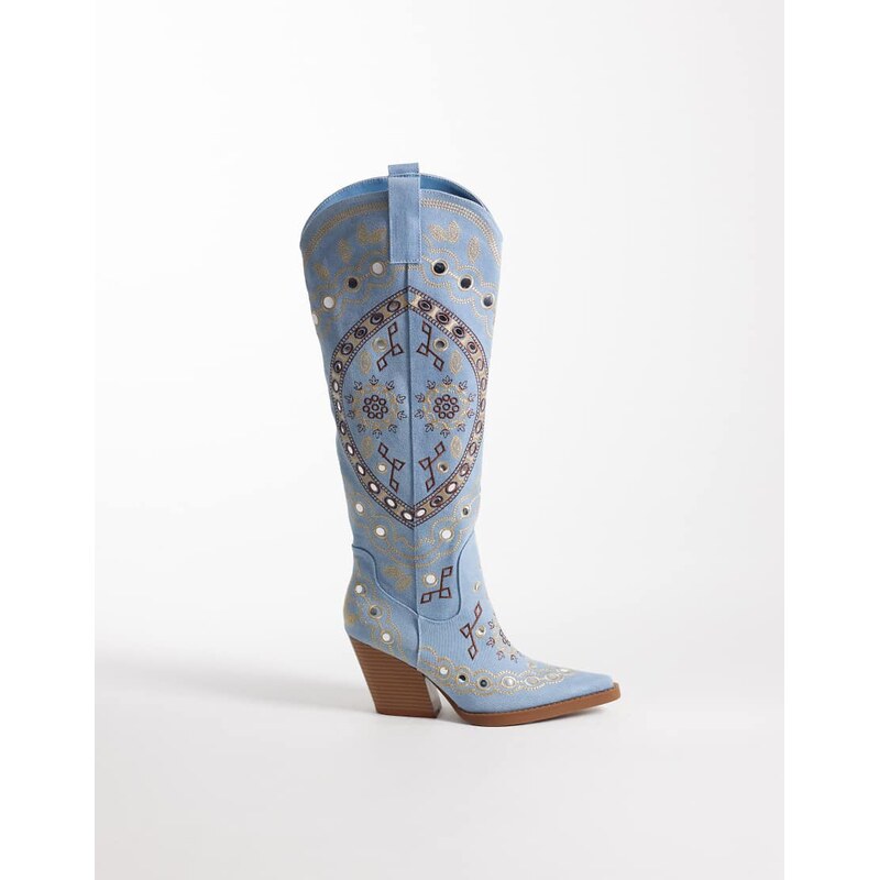 Azalea Wang Aamina embellished western knee boot in blue denim 114741103