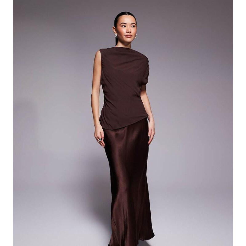 Forever New Petite 2 In 1 top overlay and slip maxi dress in chocolate 114698972