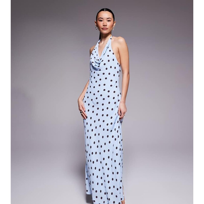 Forever New Petite cowl neck maxi dress in blue polka dot 114704035