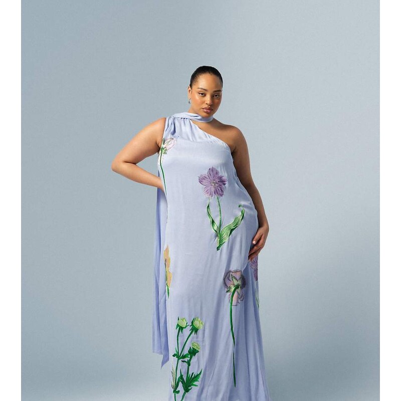 ARRANGE Curve botanical floral embroidered one shoulder maxi dress in 114492014