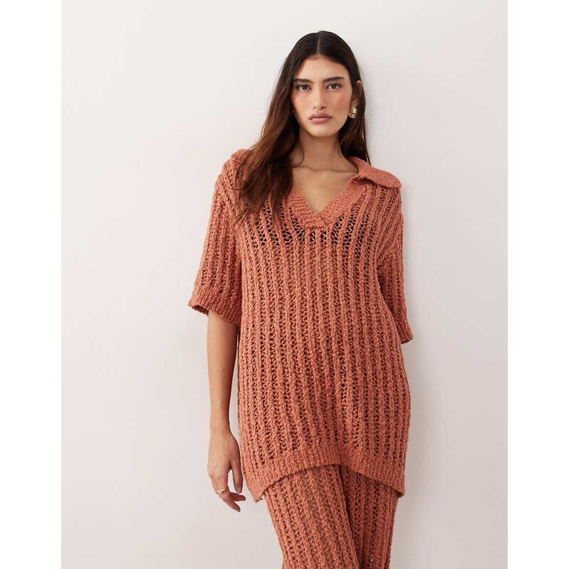 ARRANGE crochet collared top co ord in terracotta