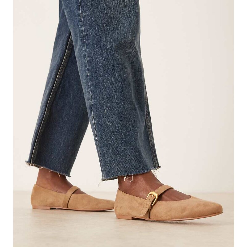 ASOS DESIGN Wide Fit Leah mary jane ballets in sand suedette-Neutral 115517070