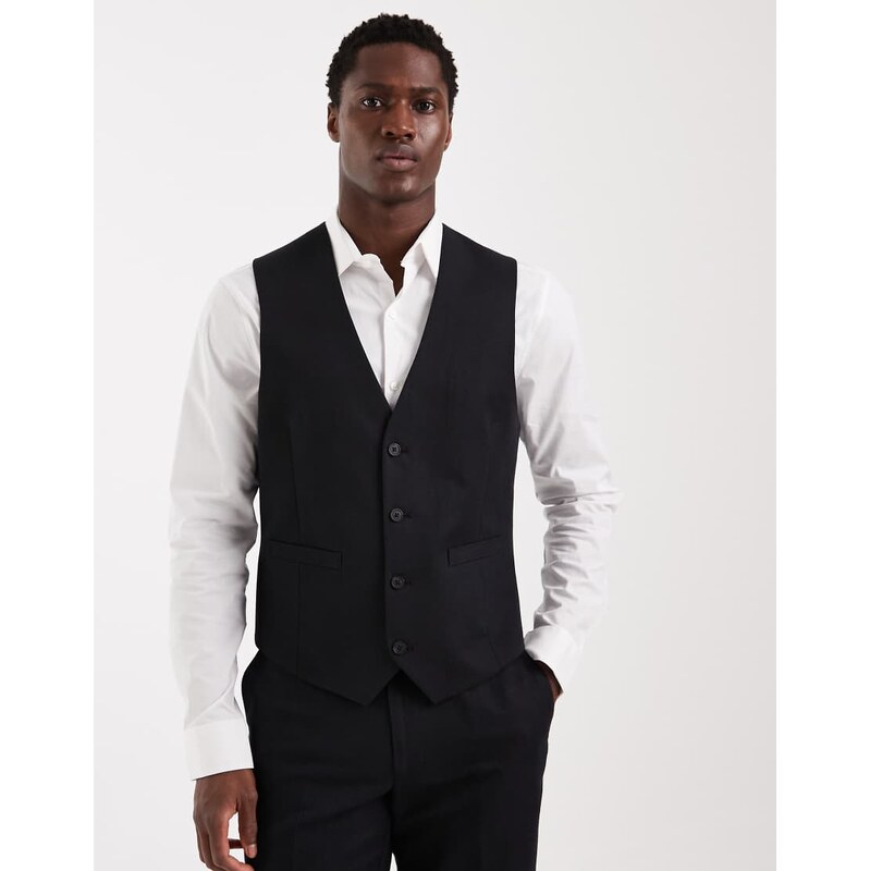 ASOS DESIGN suit waistcoat in black linen rich twill