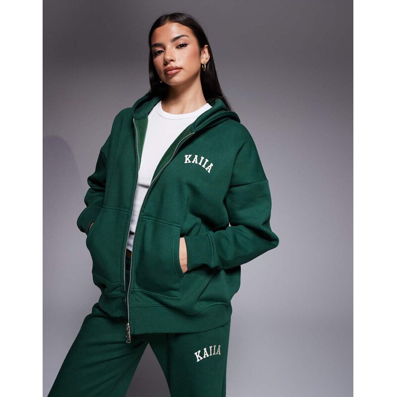 Kaiia cotton rich embroidered logo zip through hoodie co-ord in forest 114492036