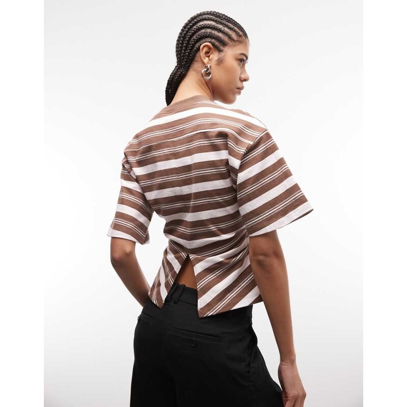 ASOS DESIGN corset waist tee in chocolate and pink stripe-Multi