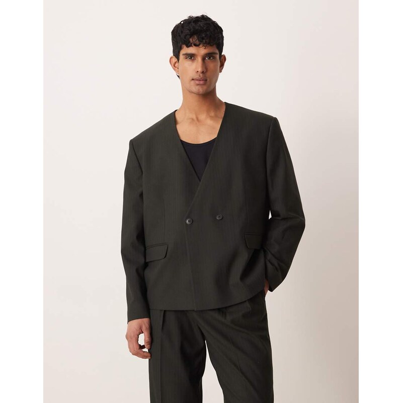 ASOS DESIGN boxy suit jacket in stone stripe weave-Neutral