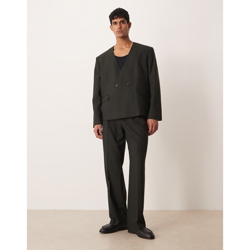 ASOS DESIGN wide suit trousers in stone stripe weave-Neutral