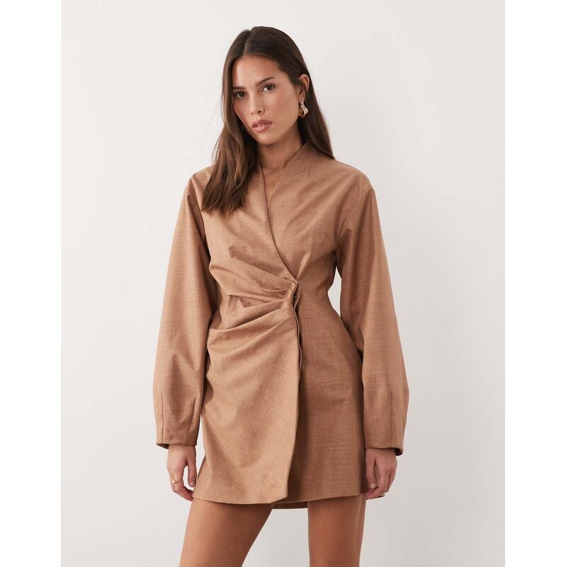 ASOS DESIGN pleat waist detail structured blazer dress in beige-Multi