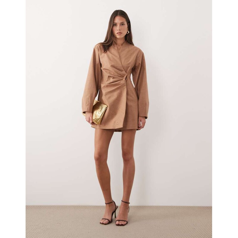ASOS DESIGN pleat waist detail structured blazer dress in beige-Multi
