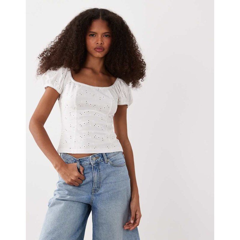 ASOS DESIGN puff sleeve milk maid jersey broderie tee in white