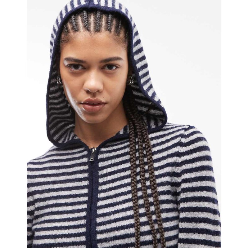 COLLUSION stripe knitted zip through hoodie in blue grey stripe