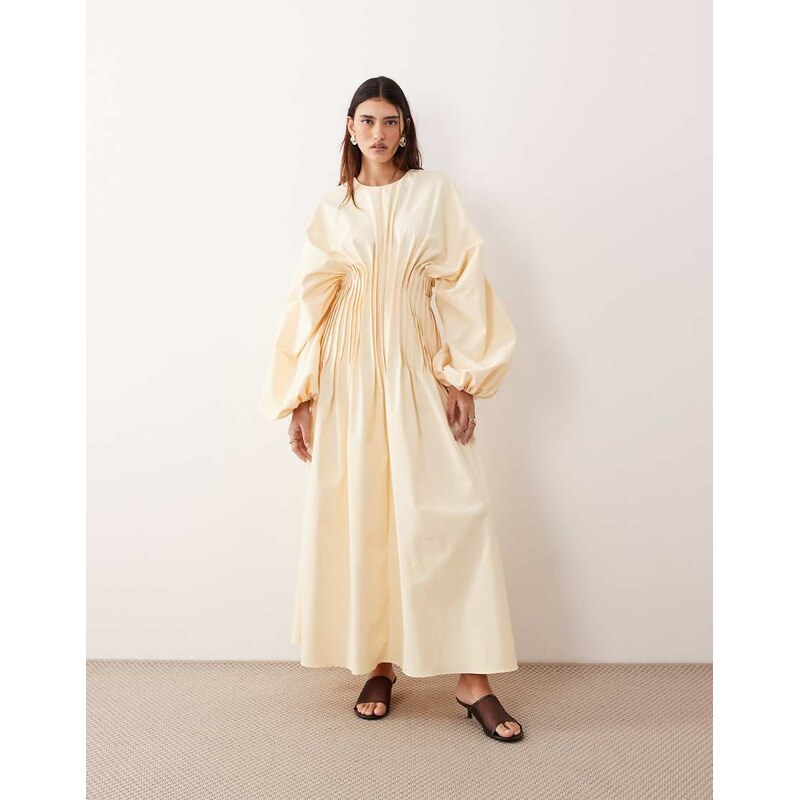 ARRANGE pleat waist long sleeve maxi dress in buttermilk-Neutral 114492054