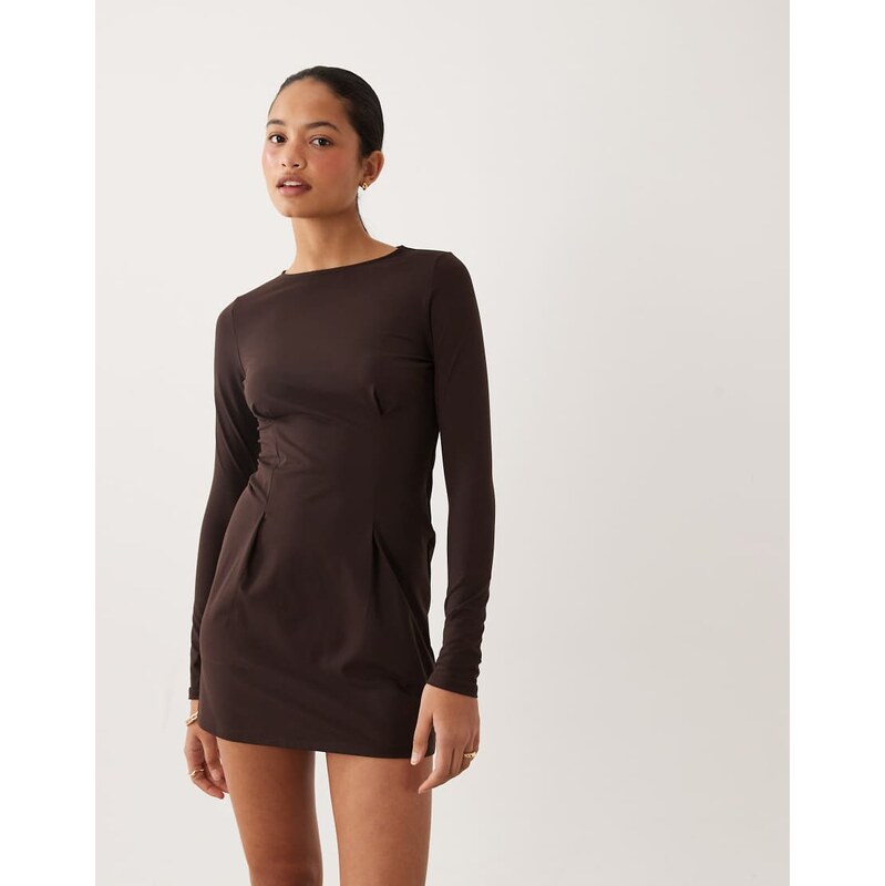 ASOS DESIGN long sleeve seam detail mini dress in chocolate