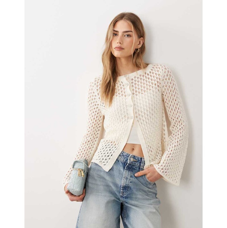 ASOS DESIGN knitted crochet longline cardigan in ecru-White