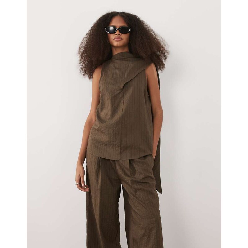 Mango Tatu cut out scarf detail top co-ord in brown stripe 114492201