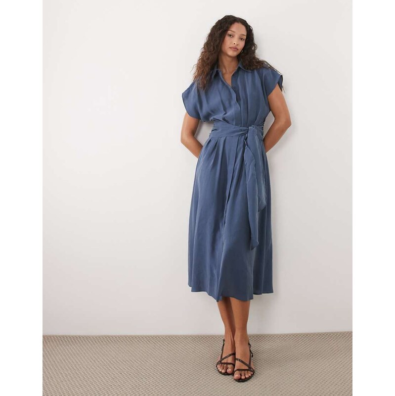 Mango midi shirt dress with tie waist in dusty blue