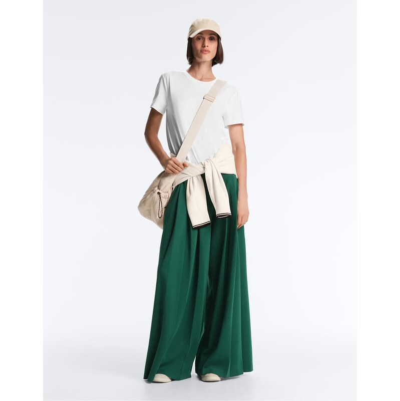 OYSHO Cotton wide-leg pique pleated trousers in dark emerald-Green 114492220