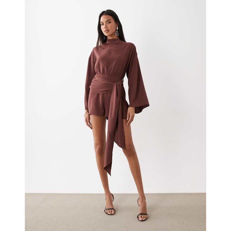 ASOS DESIGN blouson playsuit with tie waist detail in chocolate-Brown 114492156