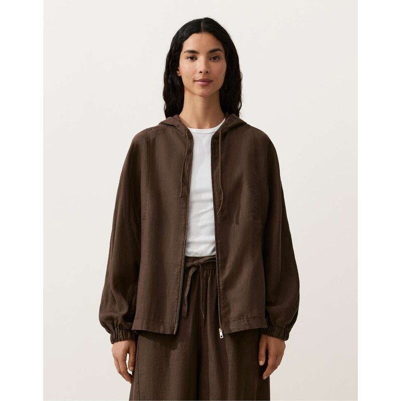 OYSHO 100% linen striped hooded jacket in brown