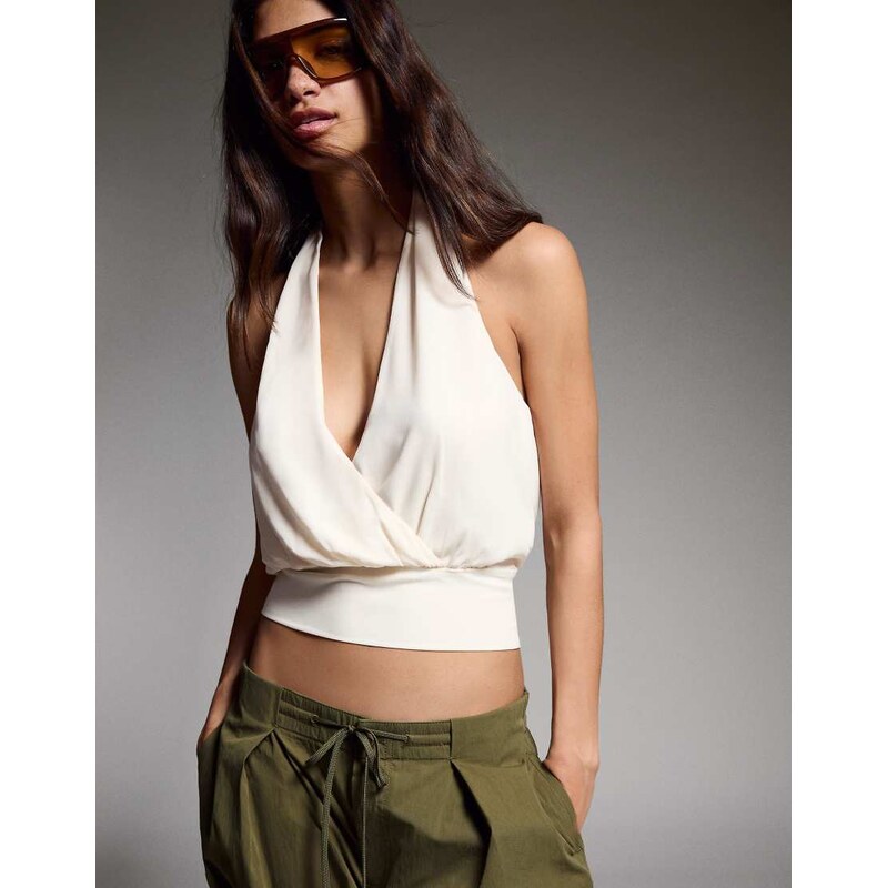 Bershka Crossover halter top in ecru-White