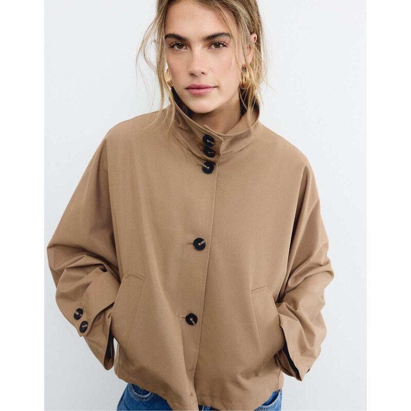 Stradivarius Short oversize trench coat with hood in beige