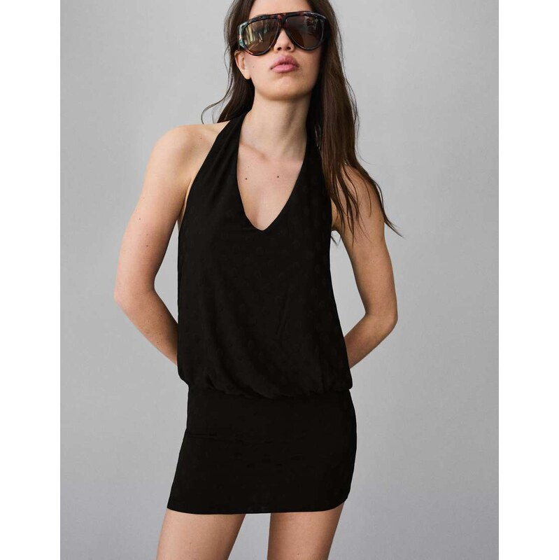 Bershka Mini polka dot jacquard dress in black