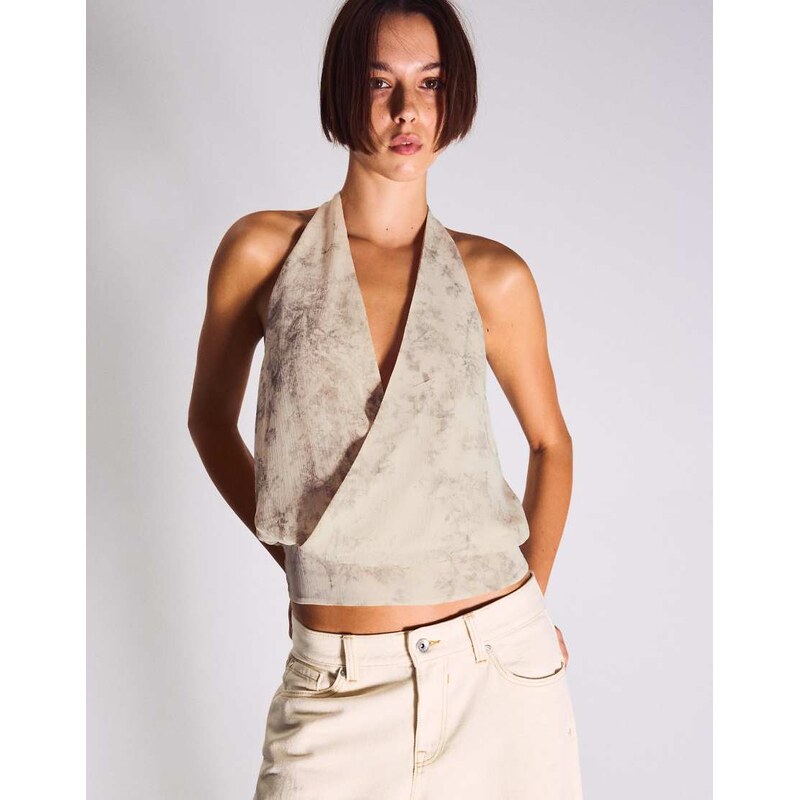 Bershka Crossover halter top in beige-Neutral
