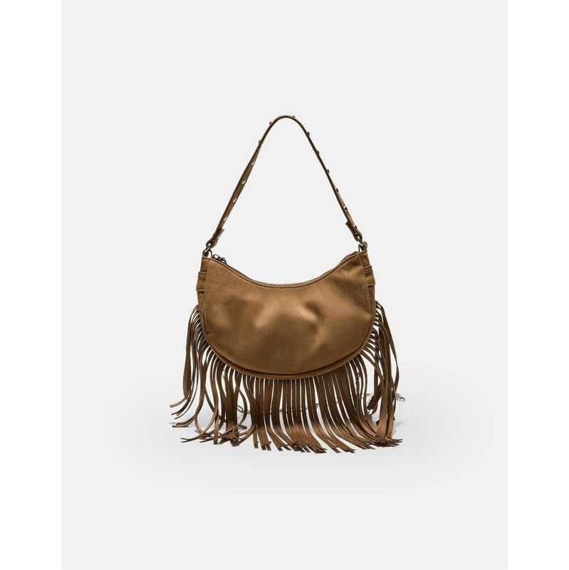 Stradivarius Fringed moon shoulder bag in caramel-Brown 114492308