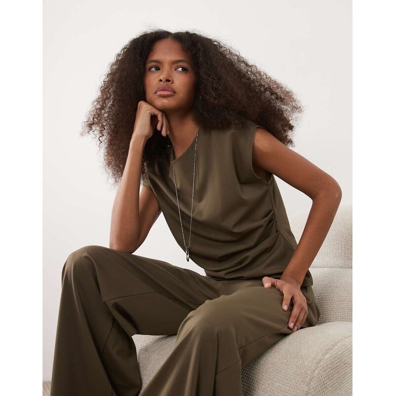Mango Candelo cap sleeve nipped waist top co-ord in khaki-Green 114492195